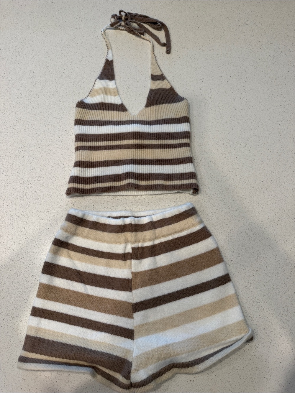Princess Polly Striped Knit Halter Top and Shorts Set in Brown, Cream, White